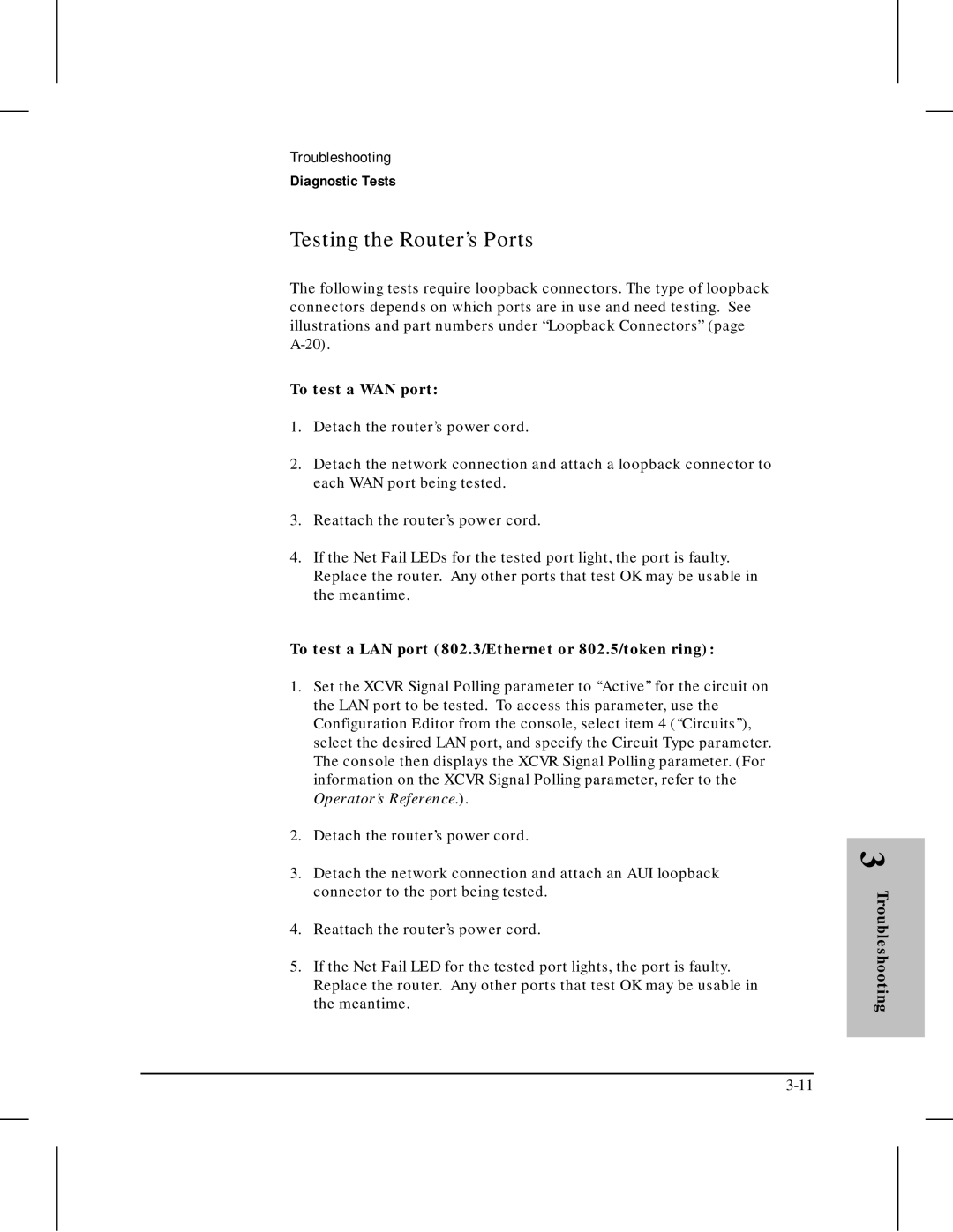 HP 445 manual Testing the Router’s Ports, To test a WAN port, To test a LAN port 802.3/Ethernet or 802.5/token ring 