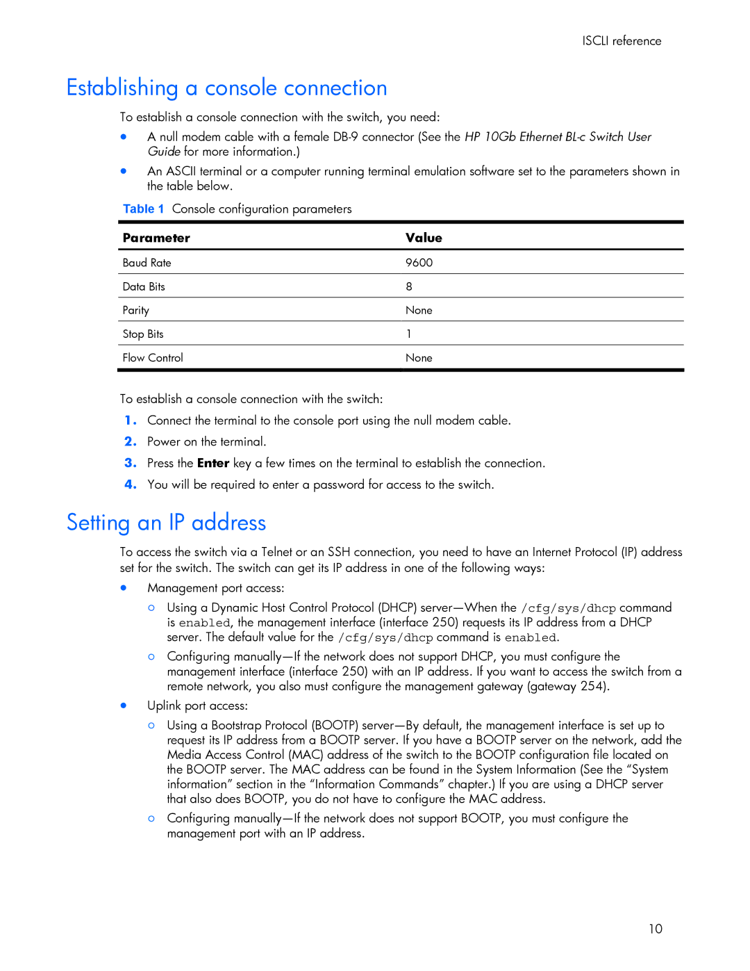 HP 445942-001 manual Establishing a console connection, Setting an IP address, Parameter Value 