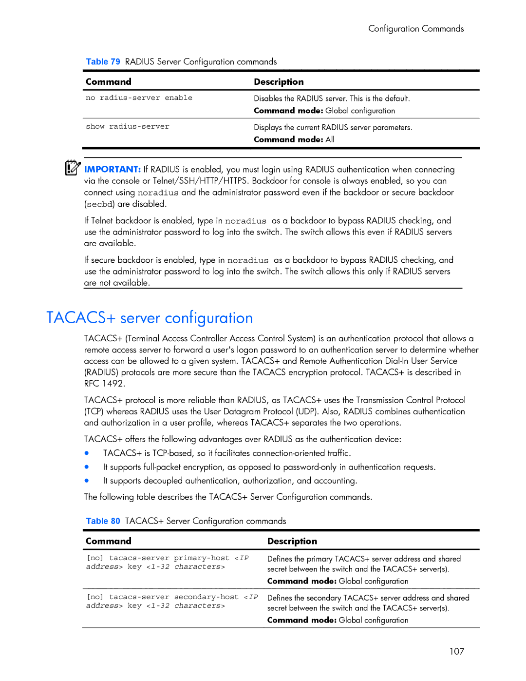 HP 445942-001 manual TACACS+ server configuration, Address key Characters 