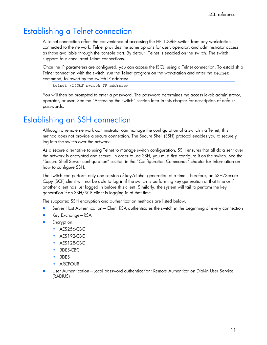 HP 445942-001 manual Establishing a Telnet connection, Establishing an SSH connection, Telnet 10GbE switch IP address 