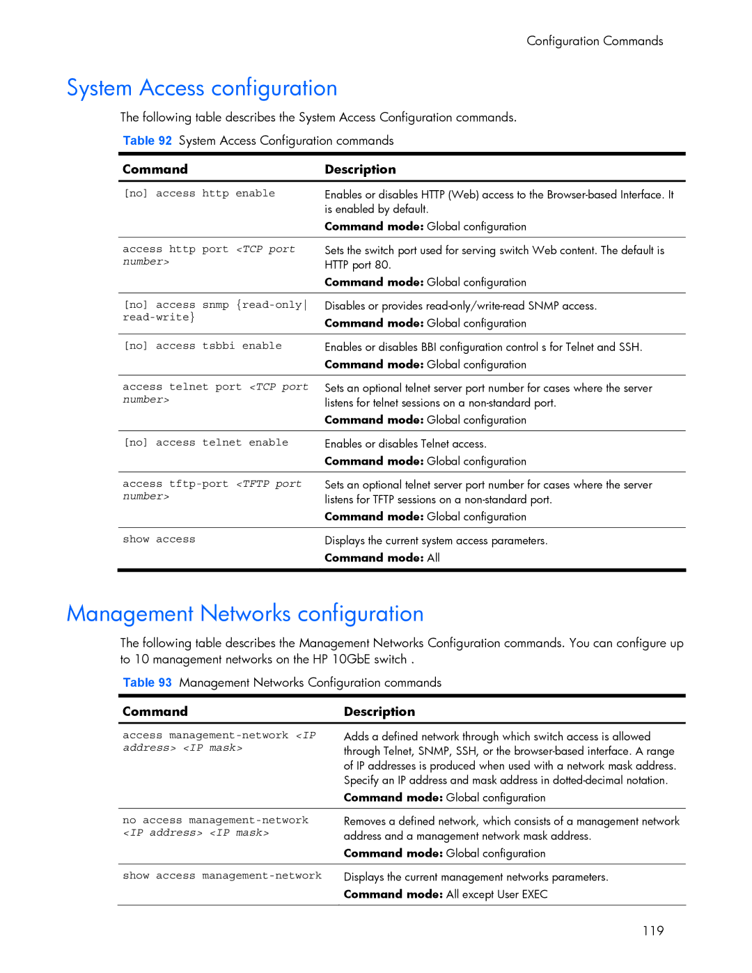 HP 445942-001 manual System Access configuration, Management Networks configuration, Address IP mask, IP address IP mask 