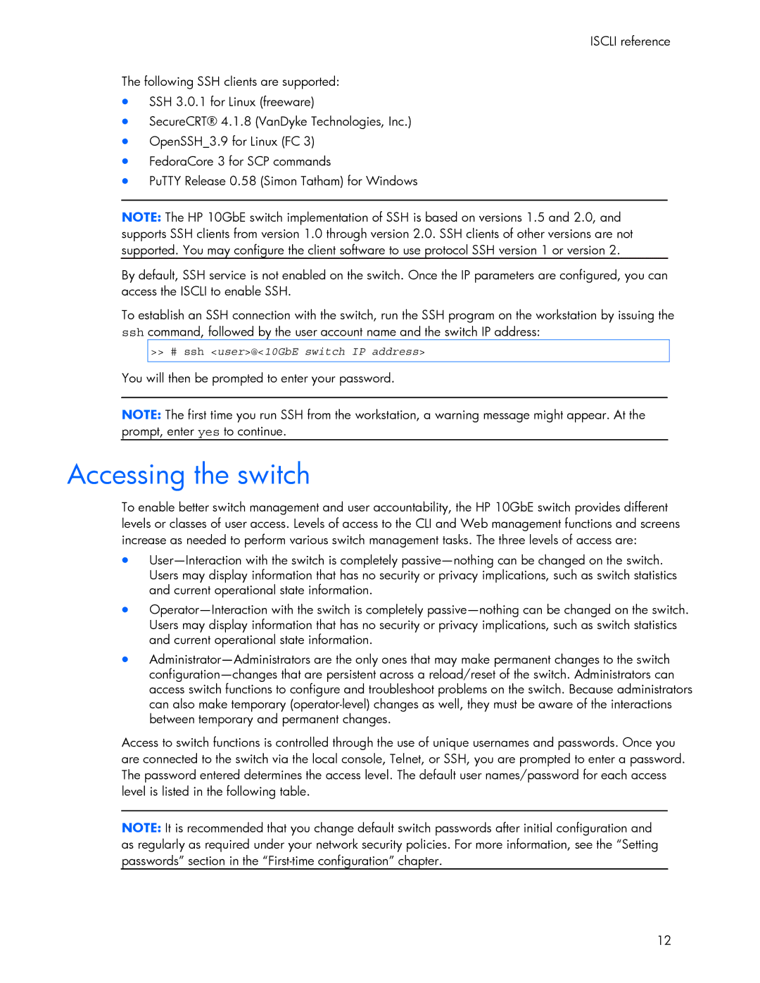 HP 445942-001 manual Accessing the switch, # ssh user@10GbE switch IP address 