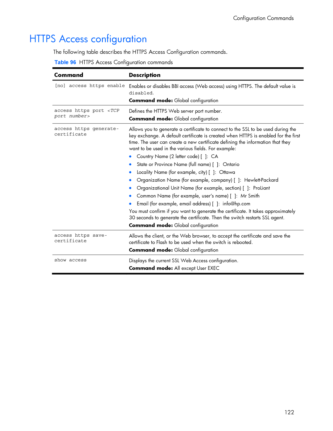 HP 445942-001 manual Https Access configuration, Access https save- certificate Show access 