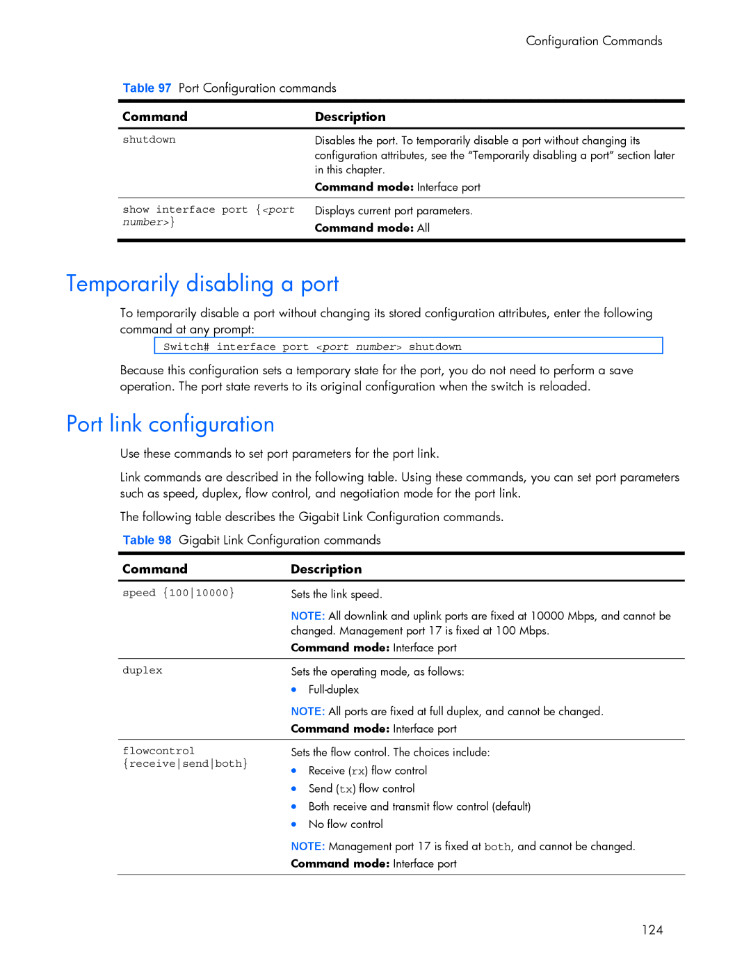 HP 445942-001 manual Temporarily disabling a port, Port link configuration 