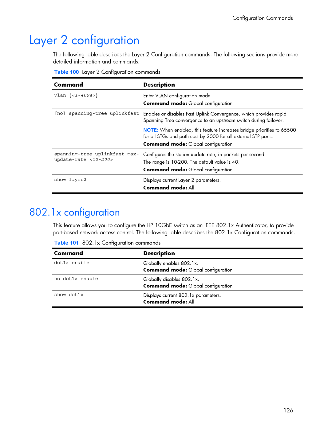 HP 445942-001 manual Layer 2 configuration, 802.1x configuration, Vlan 