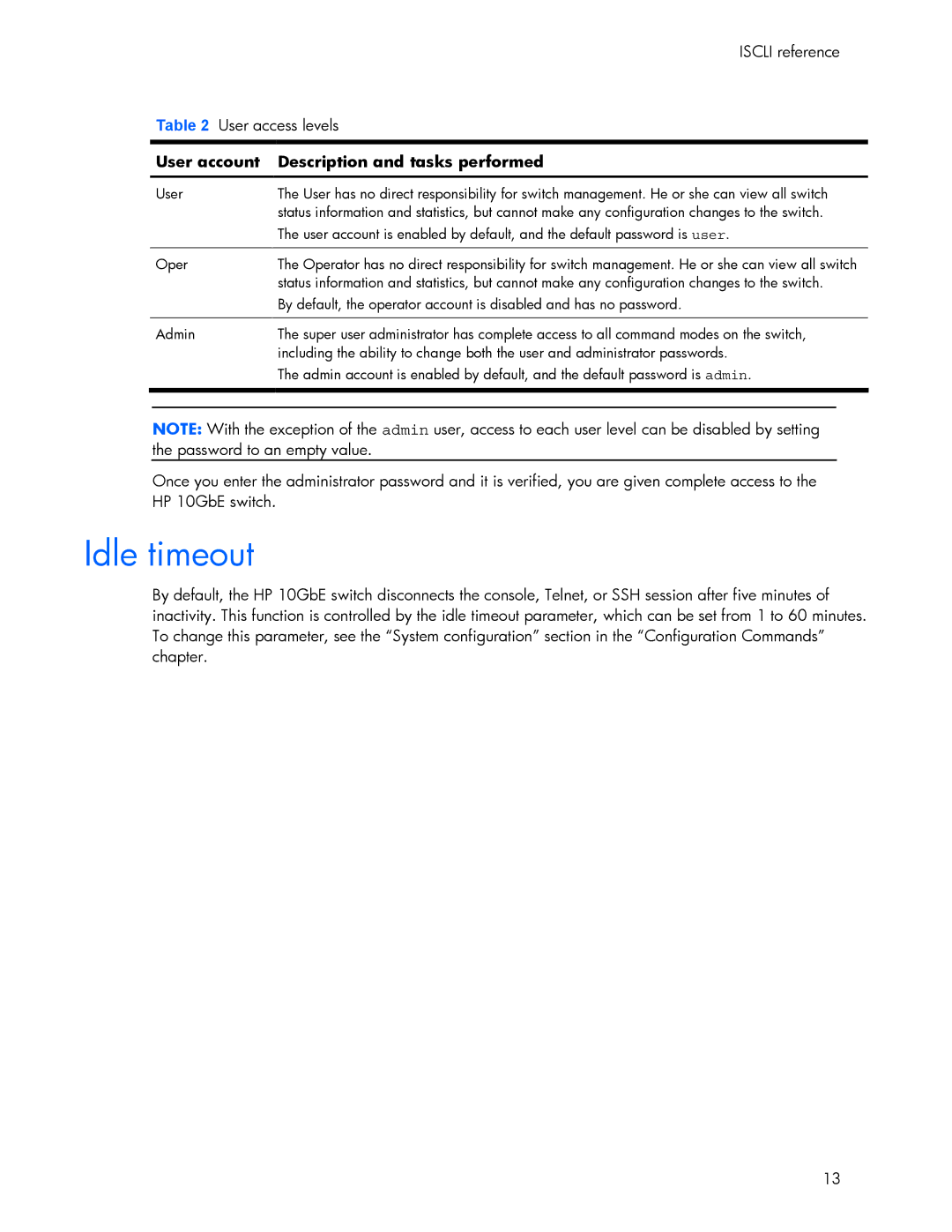 HP 445942-001 manual Idle timeout, User account Description and tasks performed 