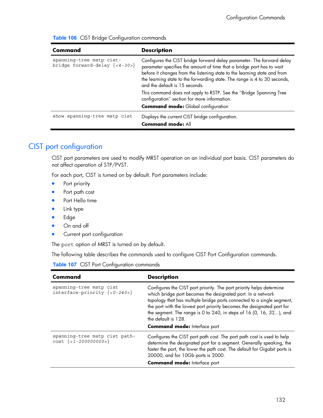 HP 445942-001 manual Cist port configuration, Bridge forward-delay, Interface-priority, Spanning-tree mstp cist path, Cost 