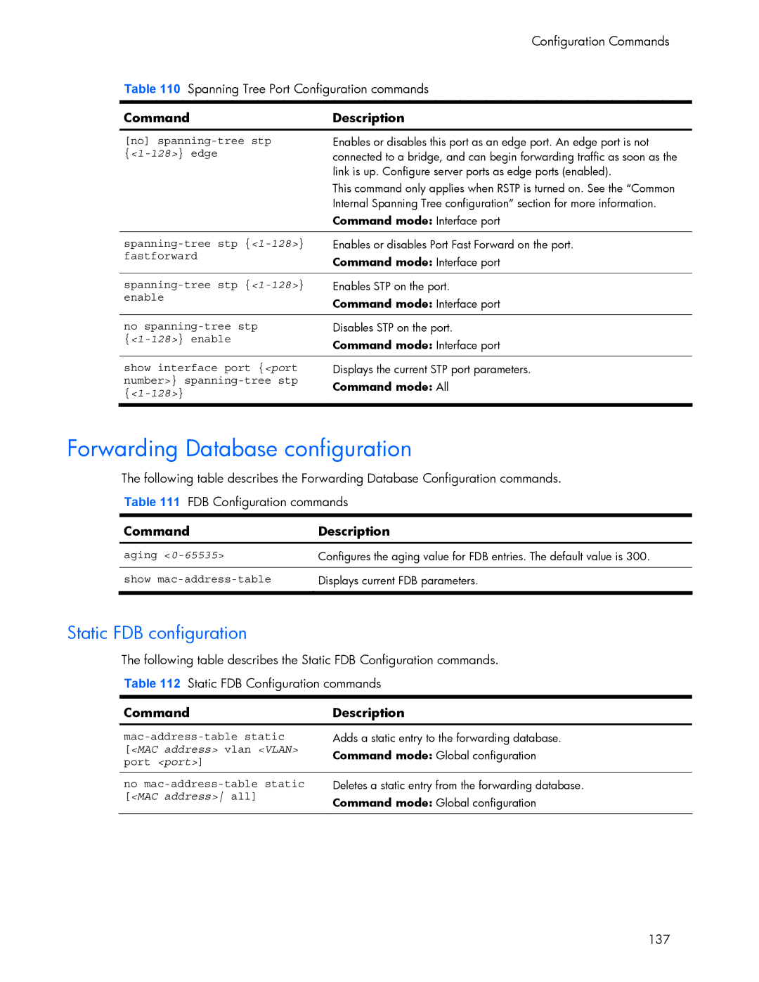 HP 445942-001 Forwarding Database configuration, Static FDB configuration, 128, MAC address vlan Vlan, MAC address all 