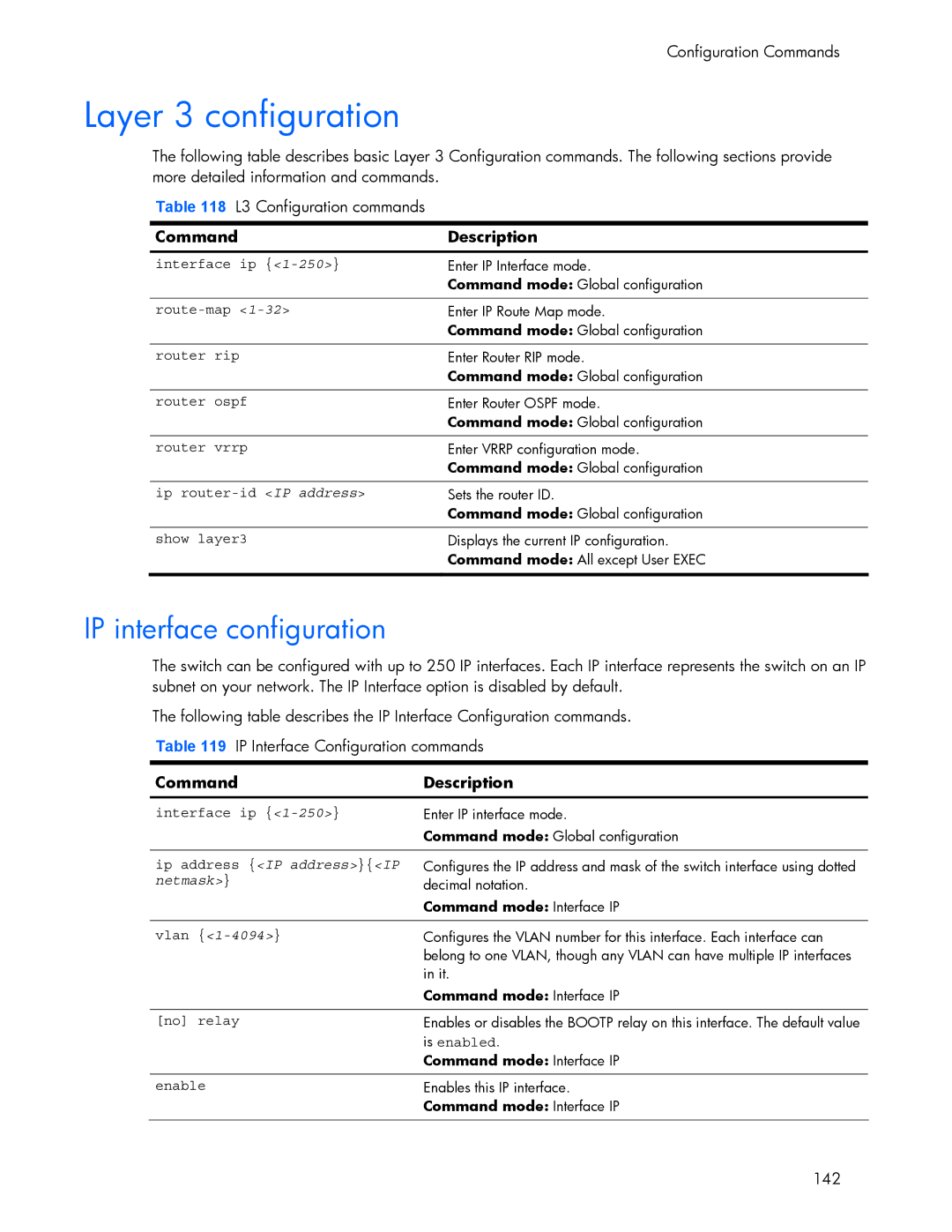 HP 445942-001 manual Layer 3 configuration, IP interface configuration, Ip address IP address IP, Netmask 