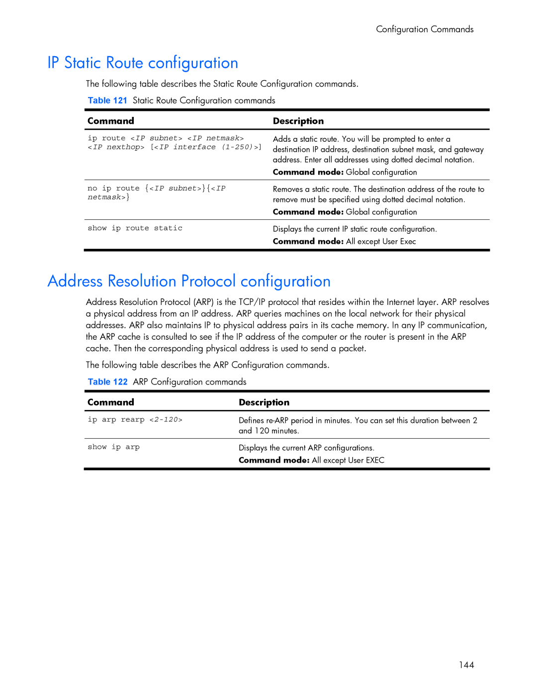 HP 445942-001 IP Static Route configuration, Address Resolution Protocol configuration, Ip route IP subnet IP netmask 