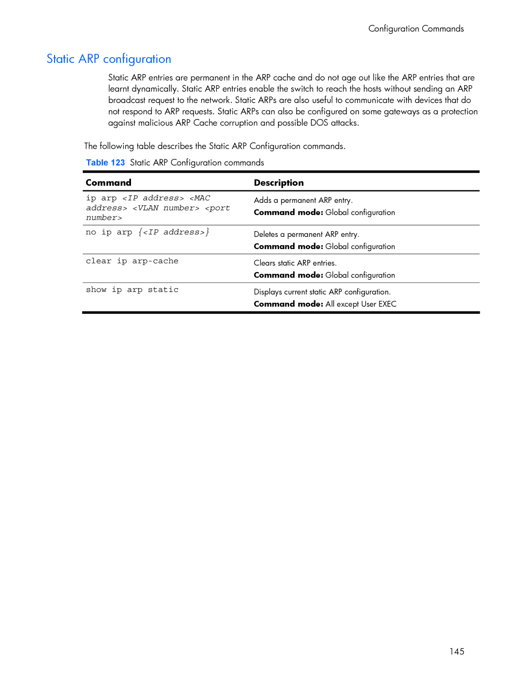 HP 445942-001 manual Static ARP configuration, Clear ip arp-cache, Show ip arp static 