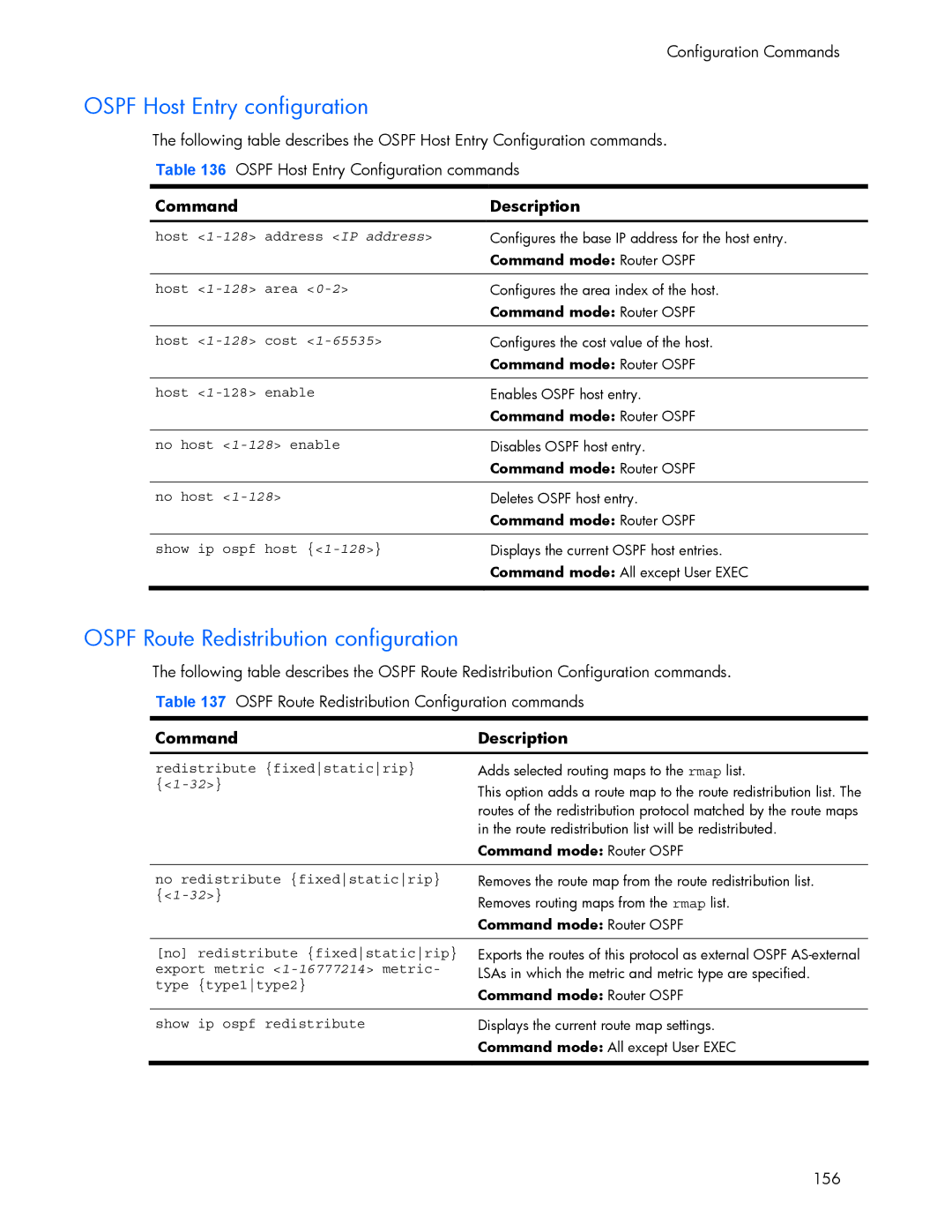 HP 445942-001 manual Ospf Host Entry configuration, Ospf Route Redistribution configuration 