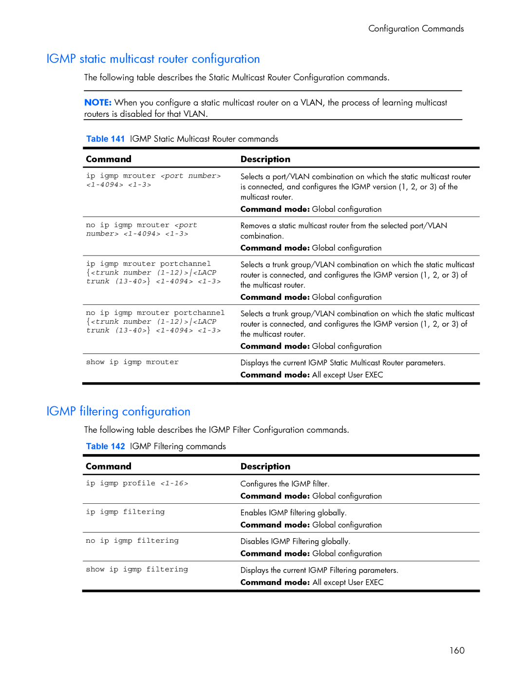 HP 445942-001 Igmp static multicast router configuration, Igmp filtering configuration, Number 1-4094, Trunk 13-40 1-4094 