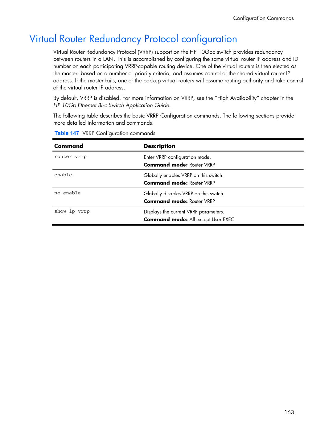 HP 445942-001 manual Virtual Router Redundancy Protocol configuration, Show ip vrrp 