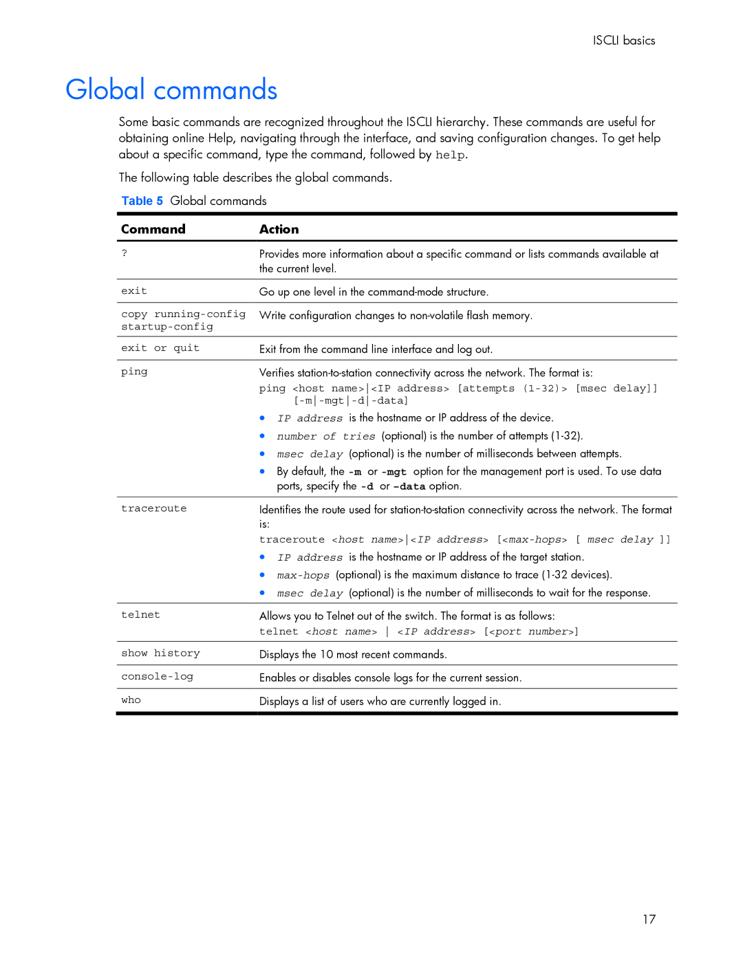 HP 445942-001 manual Global commands, Command, Action, Traceroute host nameIP address max-hops msec delay 