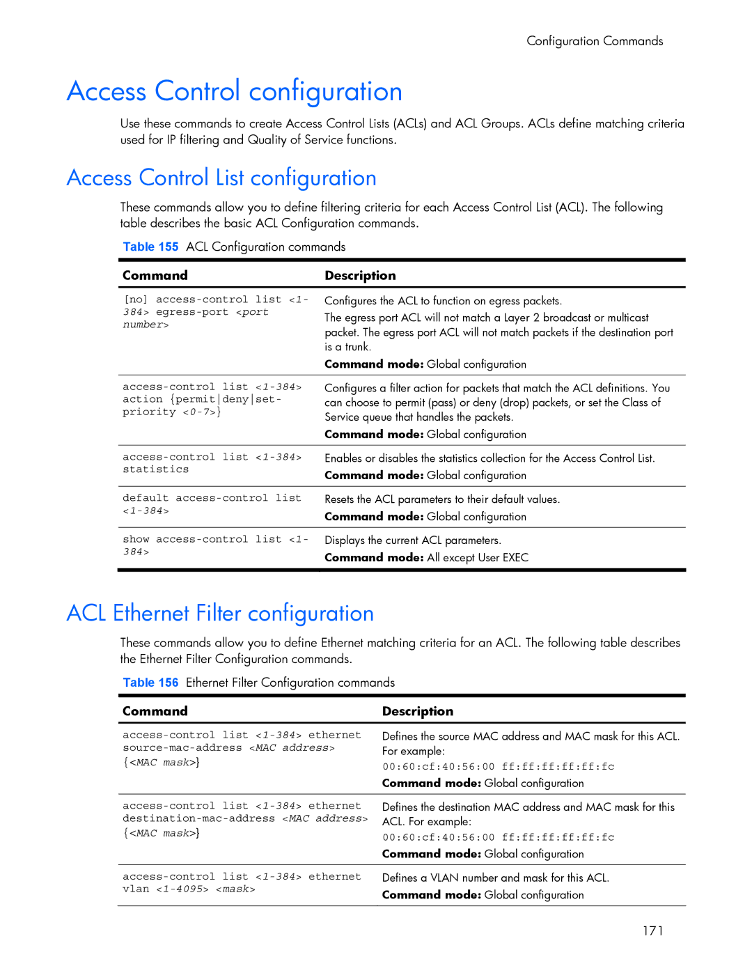 HP 445942-001 Access Control configuration, Access Control List configuration, ACL Ethernet Filter configuration, 384 