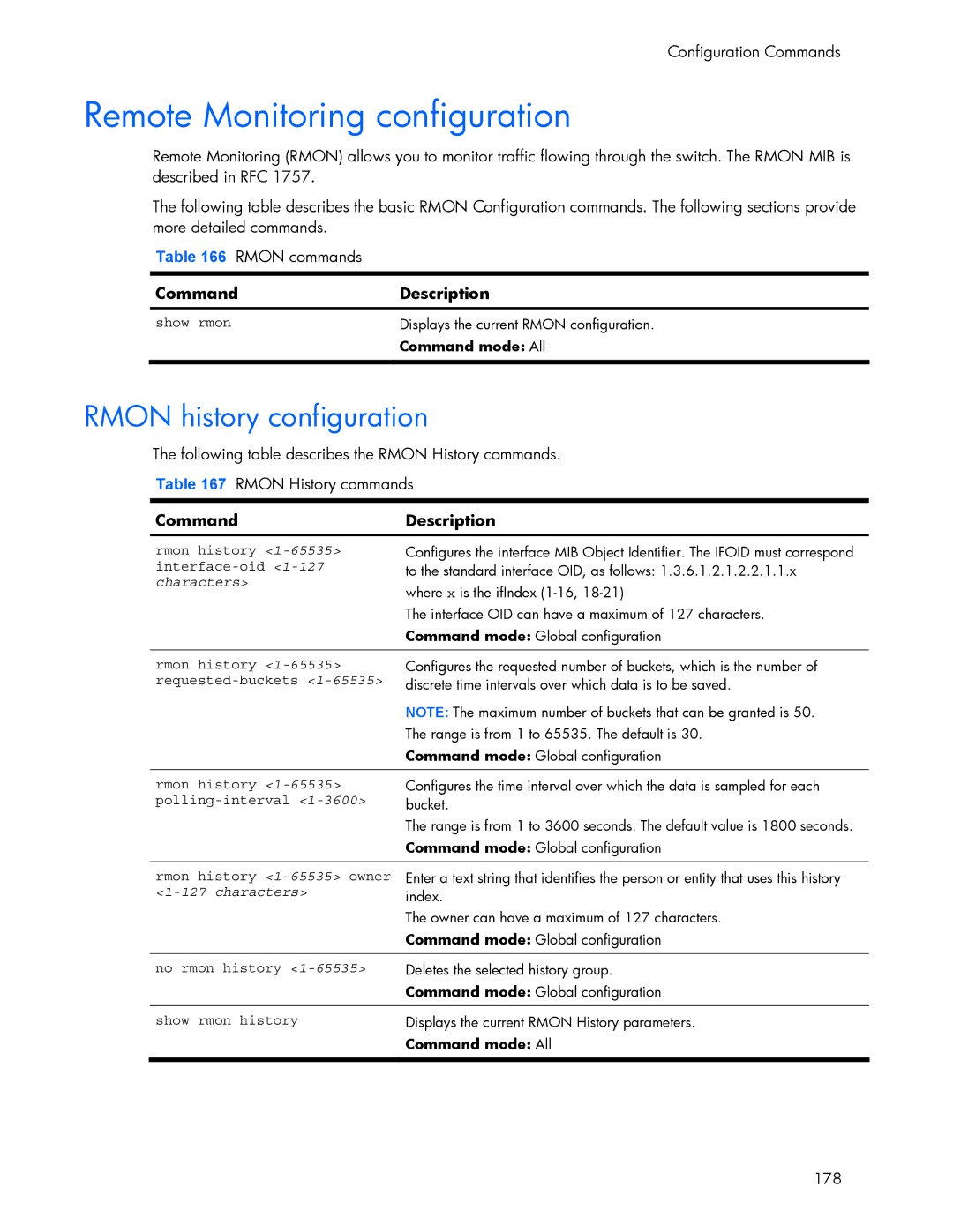 HP 445942-001 manual Remote Monitoring configuration, Rmon history configuration 