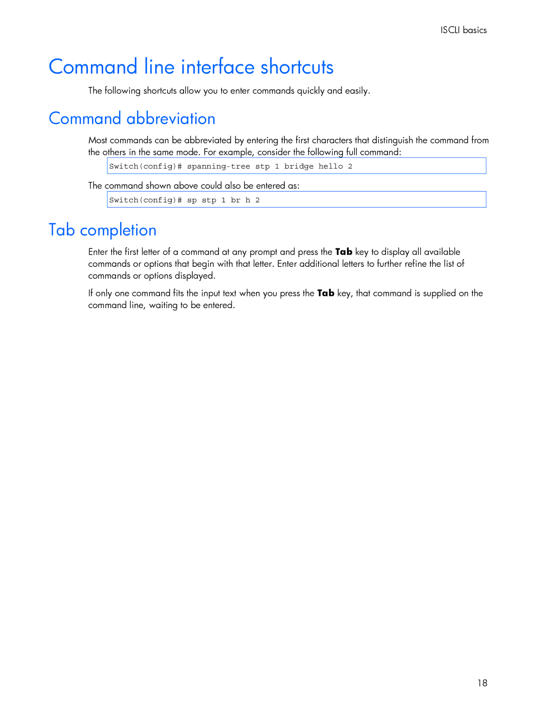 HP 445942-001 manual Command line interface shortcuts, Command abbreviation, Tab completion, Switchconfig# sp stp 1 br h 