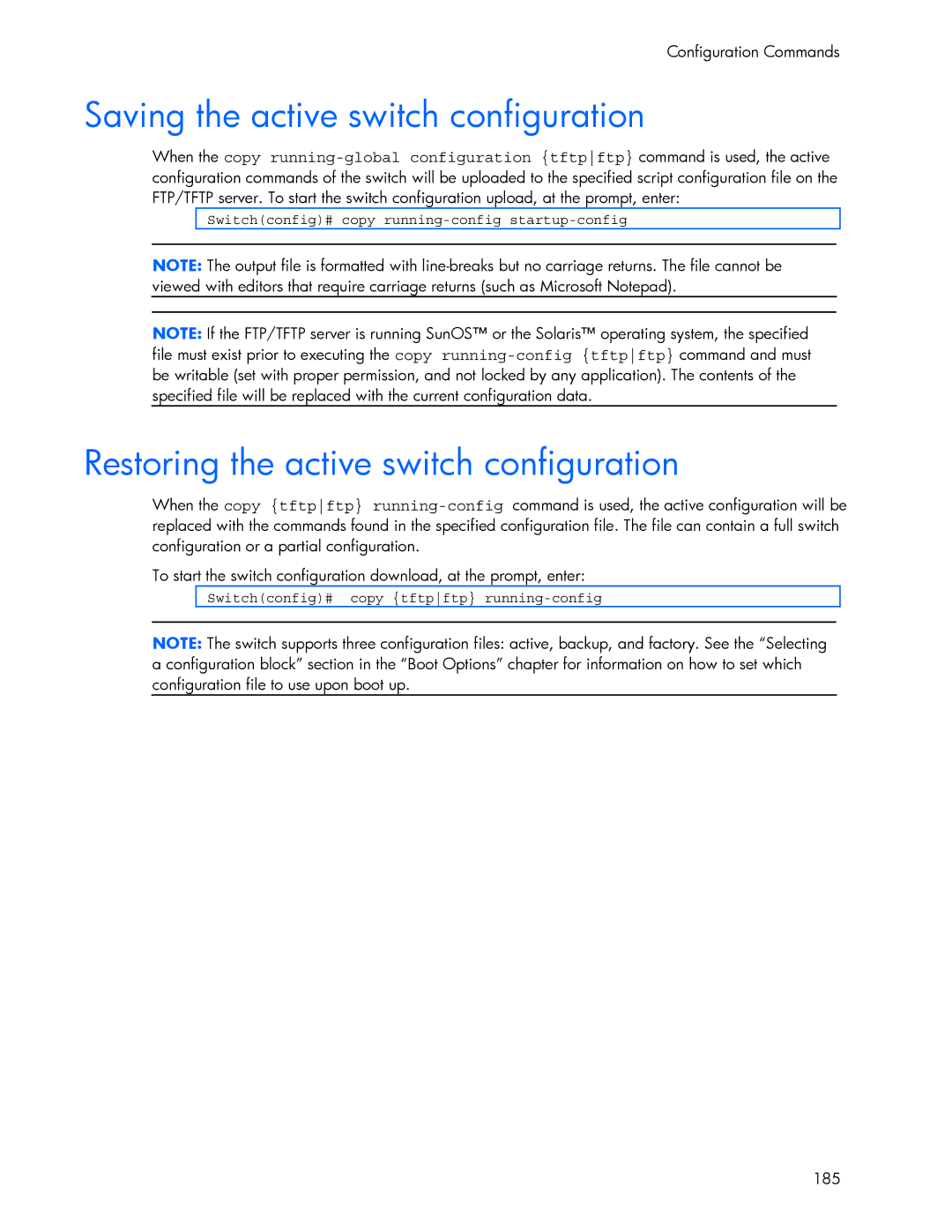 HP 445942-001 manual Saving the active switch configuration, Restoring the active switch configuration 