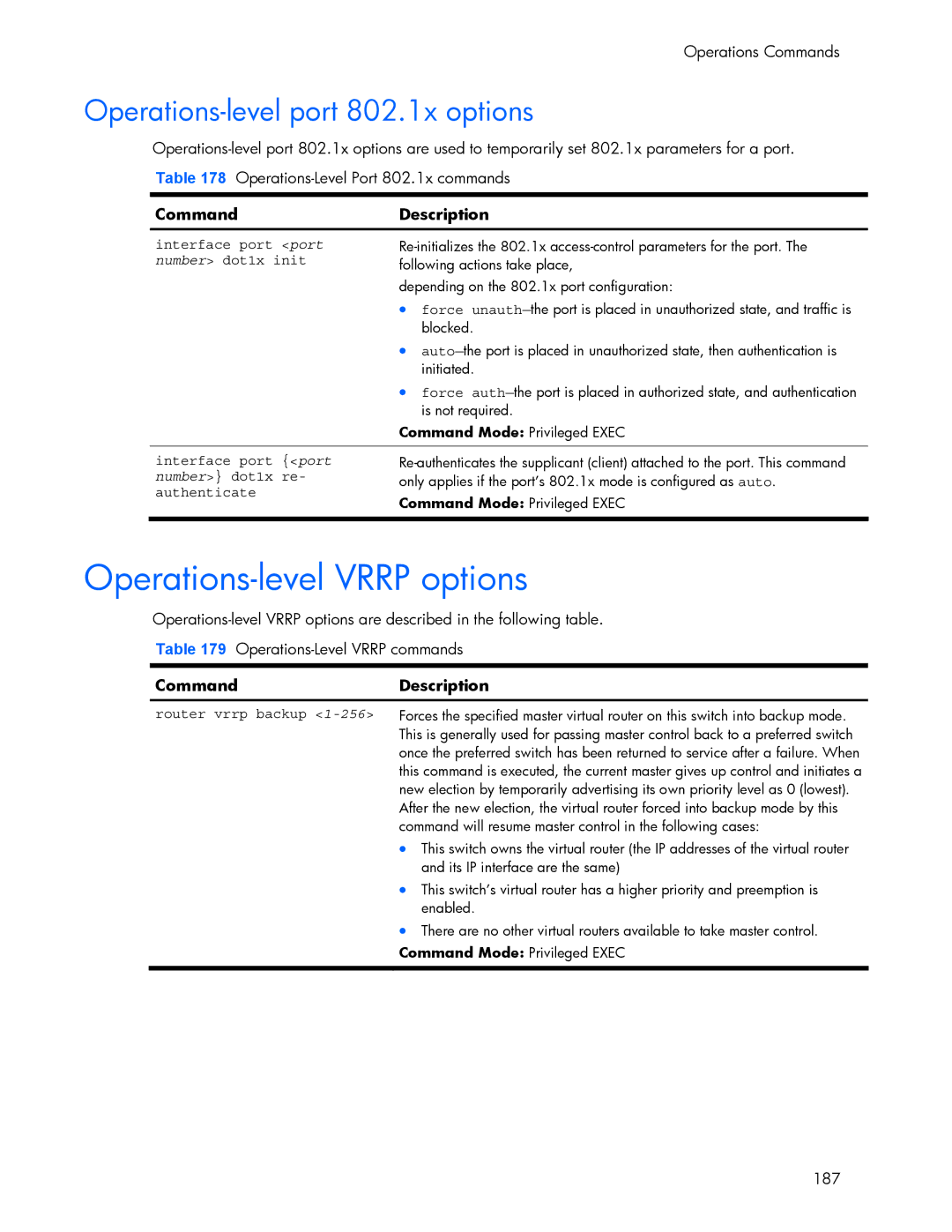 HP 445942-001 Operations-level Vrrp options, Operations-level port 802.1x options, Interface port port number dot1x init 