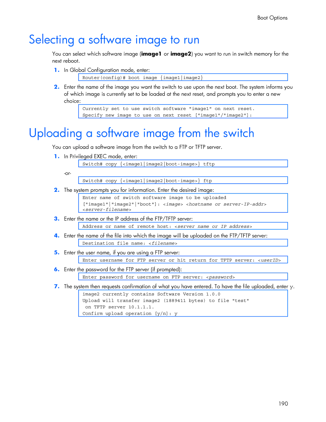 HP 445942-001 manual Selecting a software image to run, Uploading a software image from the switch 