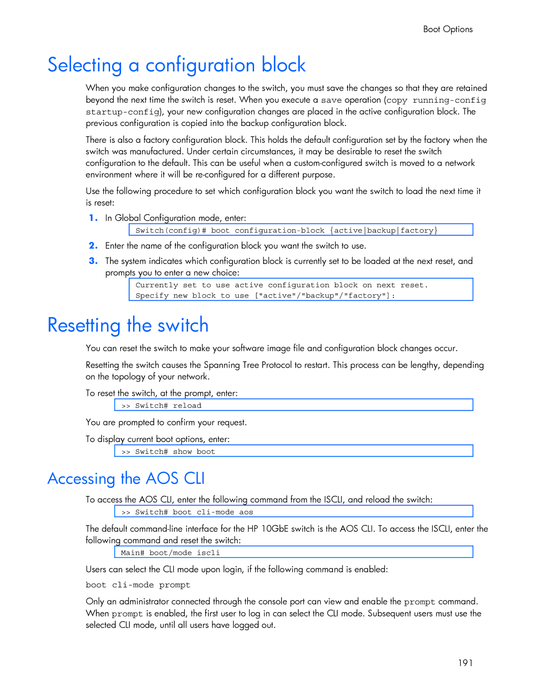 HP 445942-001 manual Selecting a configuration block, Resetting the switch, Accessing the AOS CLI, Boot cli-mode prompt 