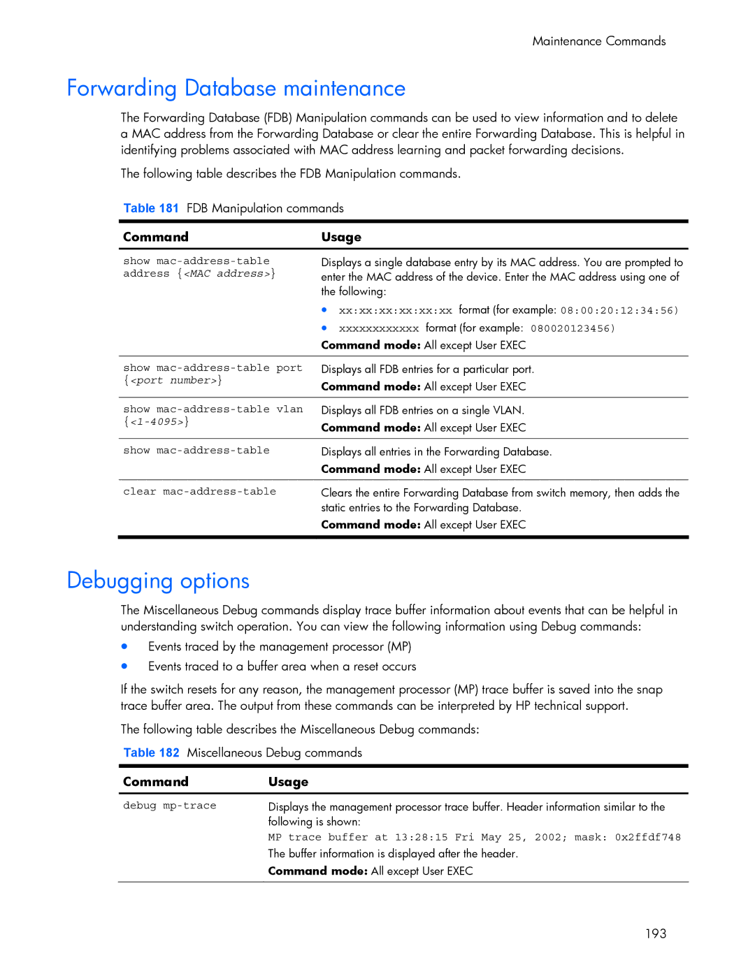 HP 445942-001 manual Forwarding Database maintenance, Debugging options, Address MAC address, 4095 