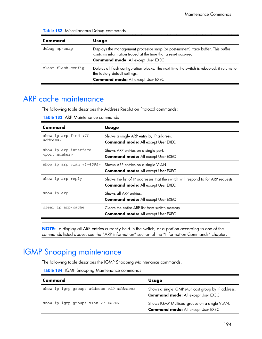 HP 445942-001 manual ARP cache maintenance, Igmp Snooping maintenance 