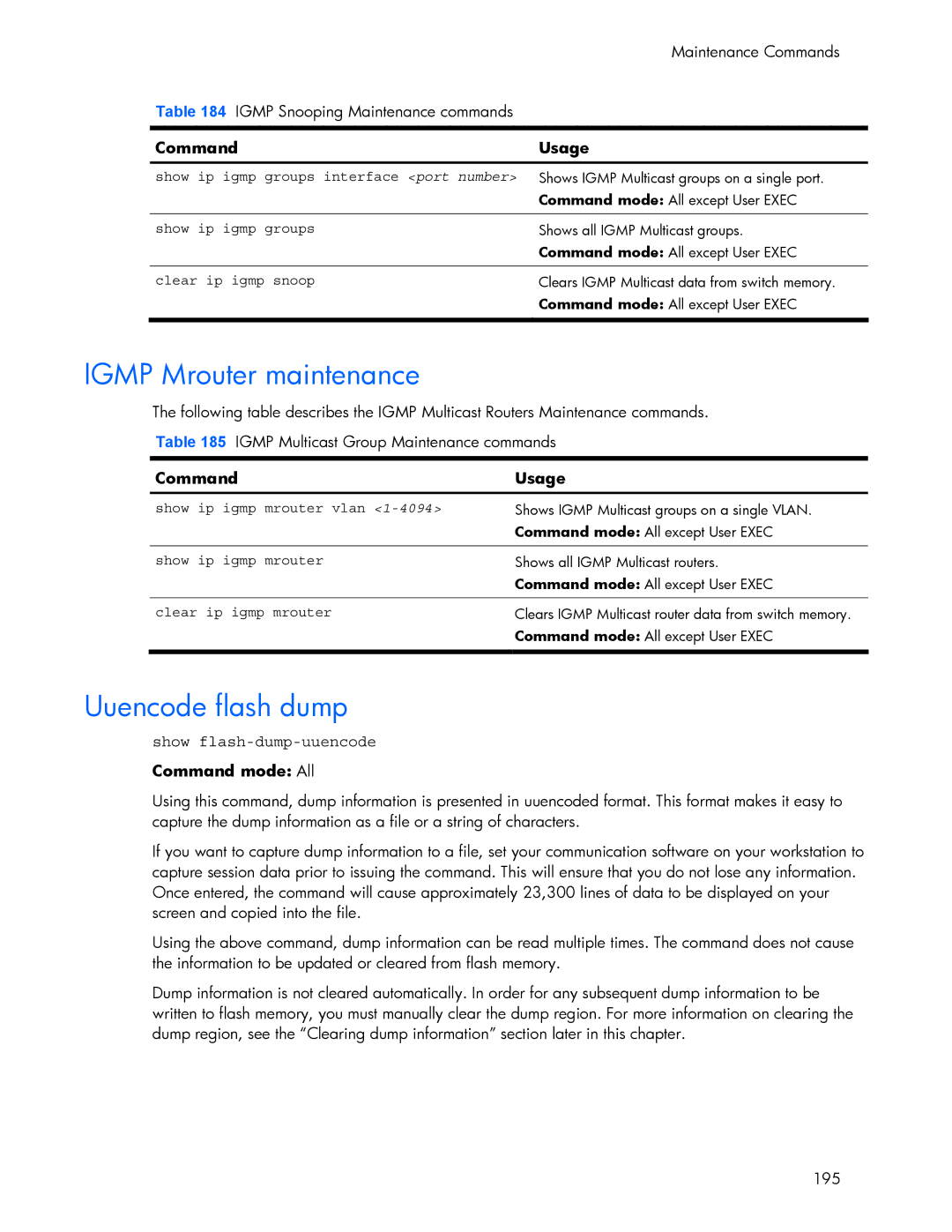 HP 445942-001 manual Igmp Mrouter maintenance, Uuencode flash dump, Show flash-dump-uuencode 