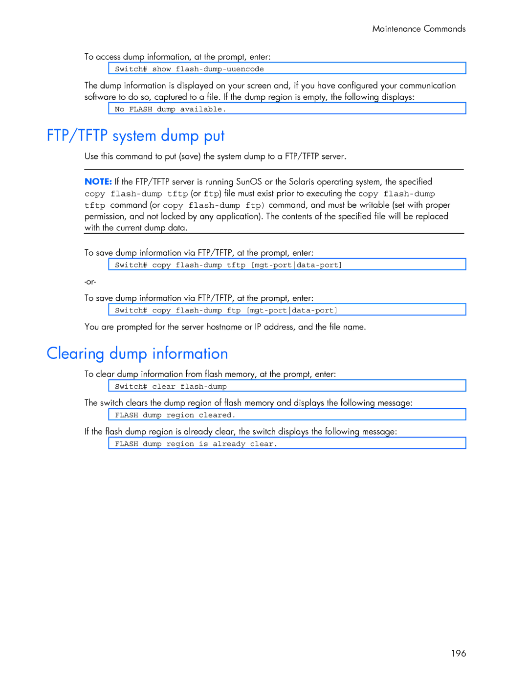 HP 445942-001 manual FTP/TFTP system dump put, Clearing dump information 