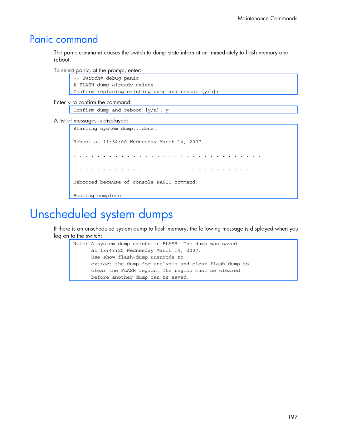 HP 445942-001 manual Unscheduled system dumps, Panic command, Confirm dump and reboot y/n y 