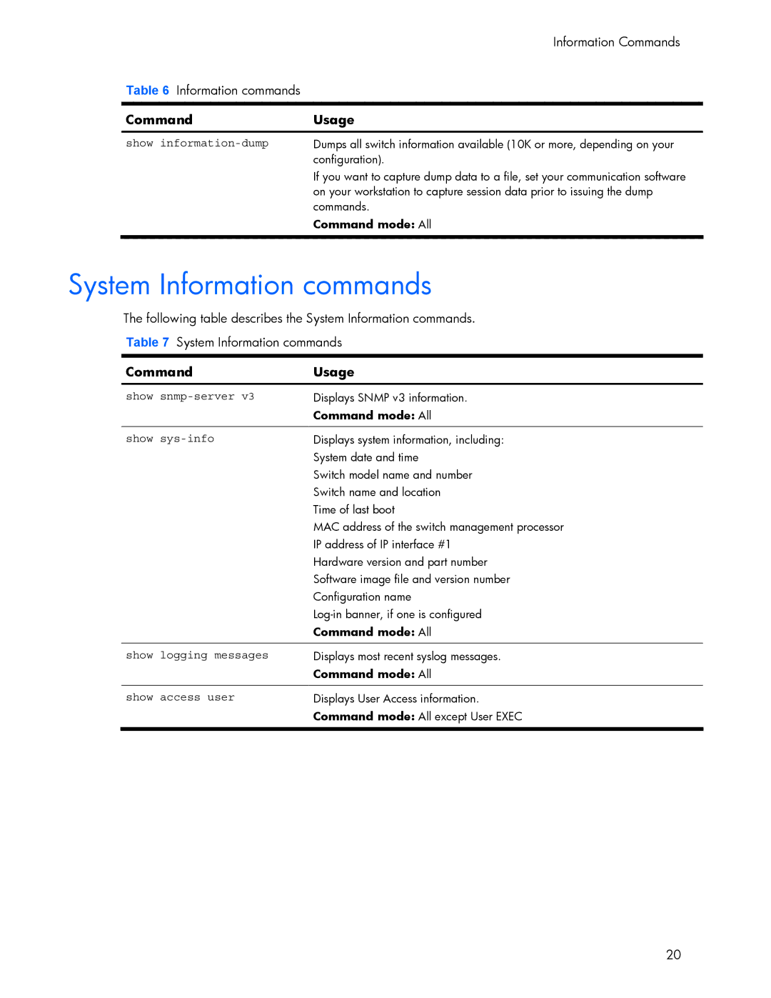 HP 445942-001 manual System Information commands, Show information-dump, Show snmp-server, Show logging messages 