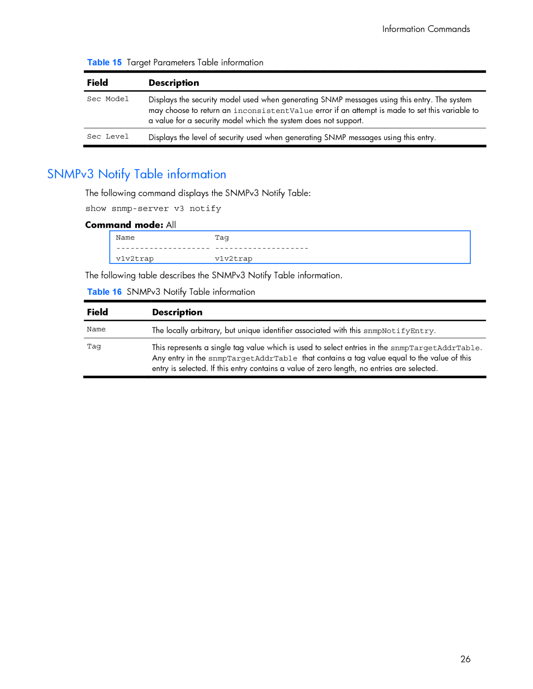 HP 445942-001 SNMPv3 Notify Table information, Show snmp-server v3 notify, Sec Level, NameTag V1v2trapv1v2trap, Name Tag 