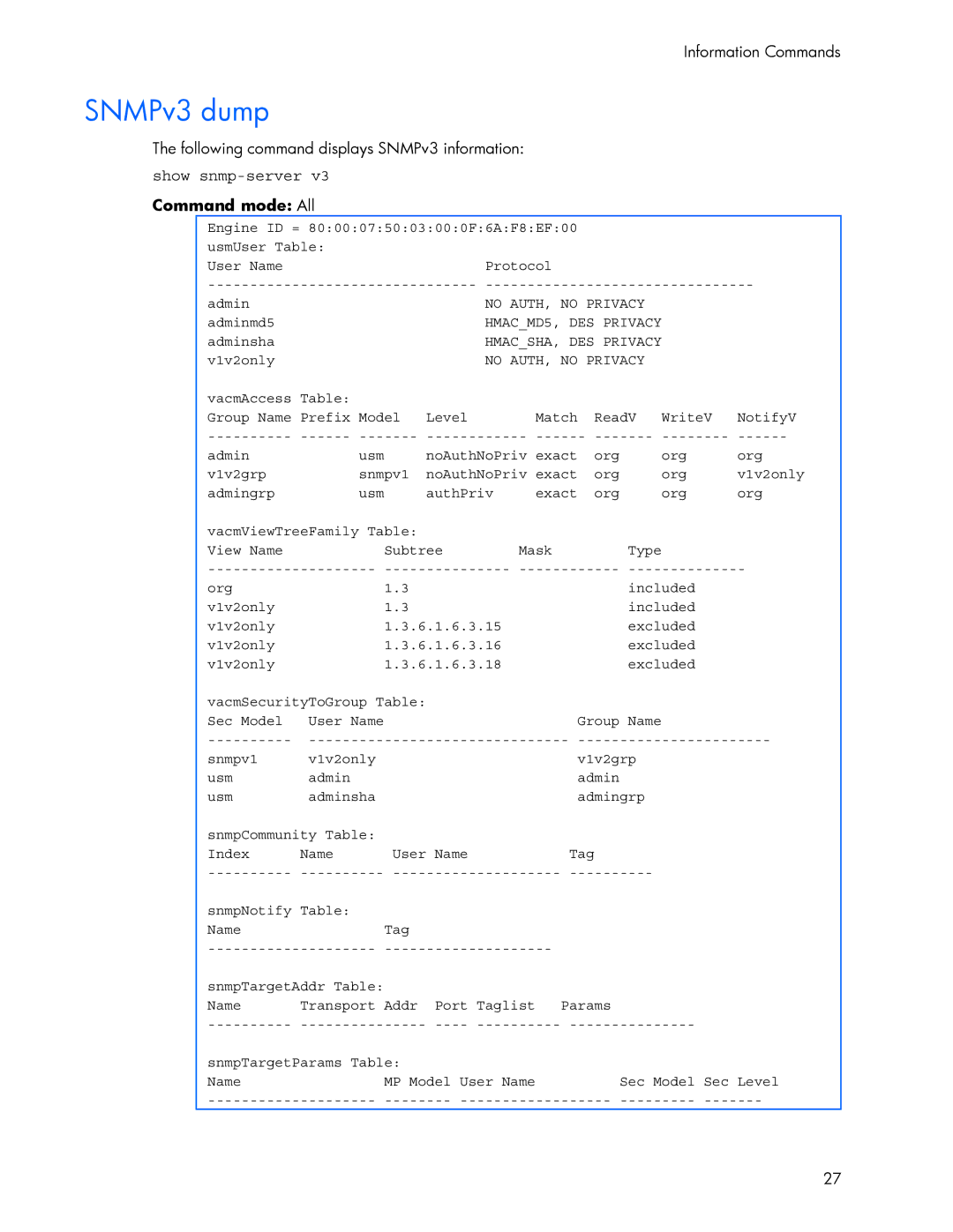 HP 445942-001 manual SNMPv3 dump, Show snmp-server v3 Command mode All 