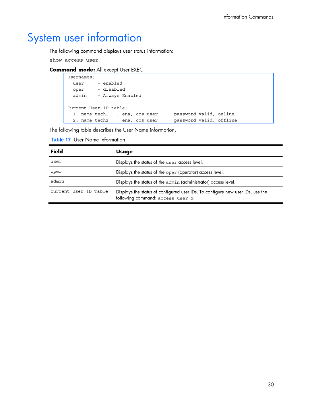 HP 445942-001 manual System user information, Show access user, FieldUsage, User Oper Admin Current User ID Table 