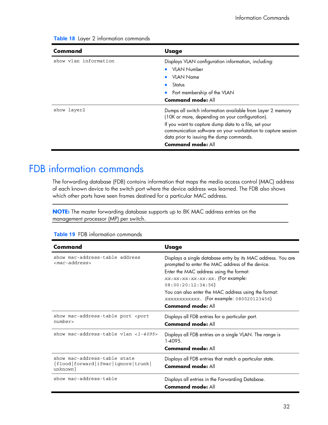 HP 445942-001 manual FDB information commands, Mac-address, Xxxxxxxxxxxx . For example, Number 