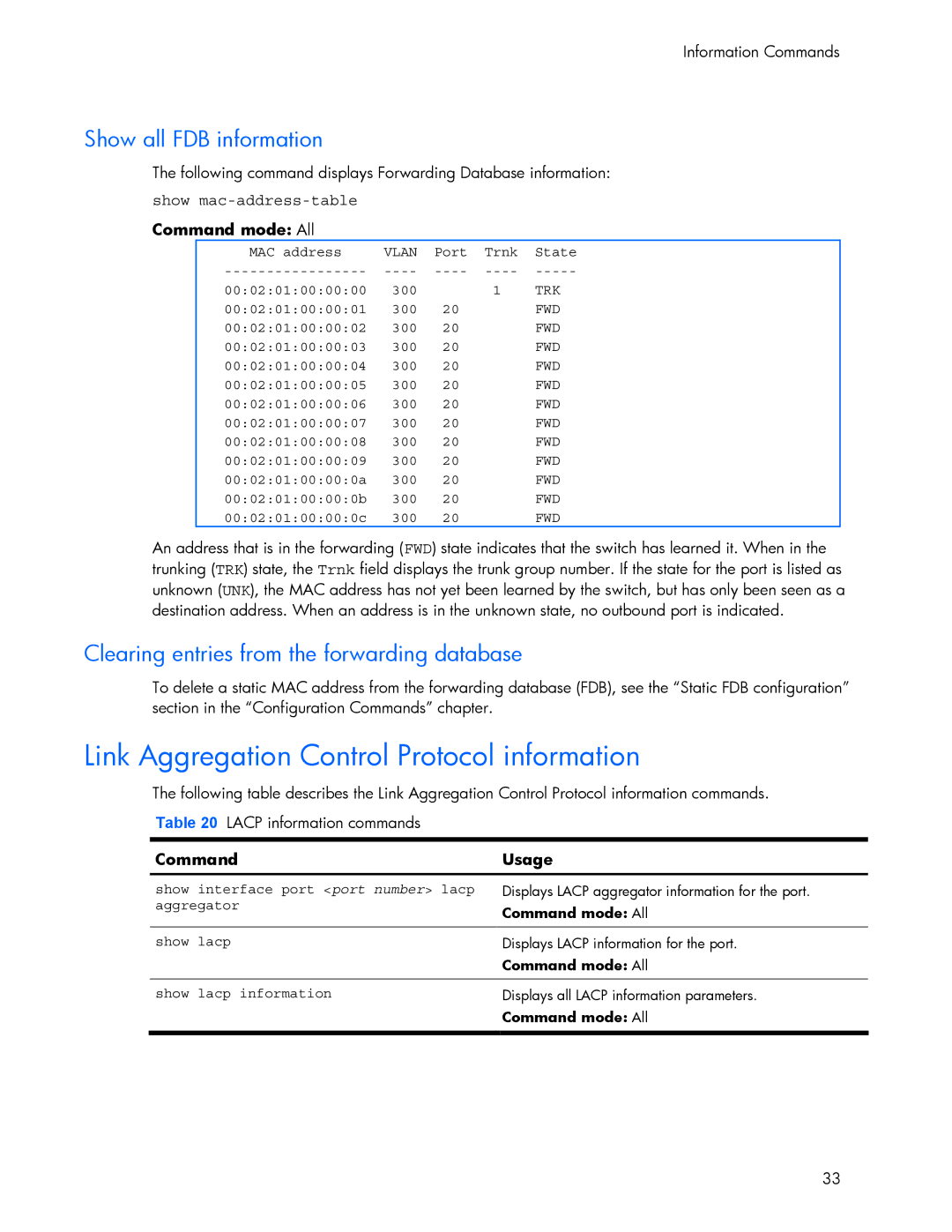 HP 445942-001 manual Link Aggregation Control Protocol information, Show all FDB information 