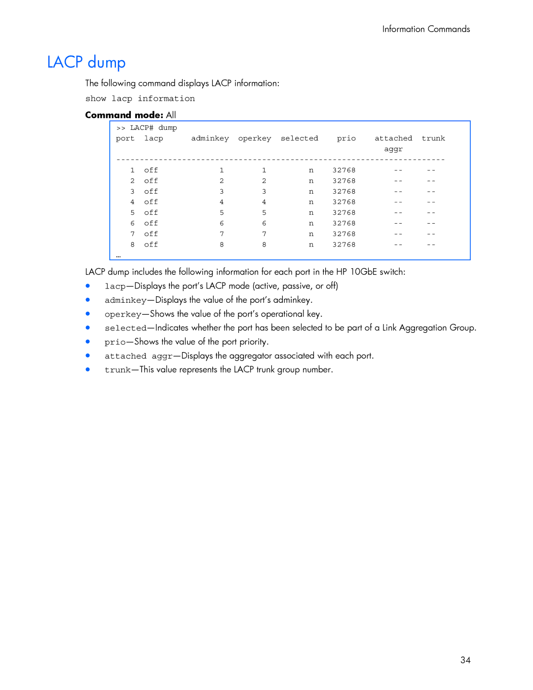 HP 445942-001 manual Lacp dump, Show lacp information Command mode All 