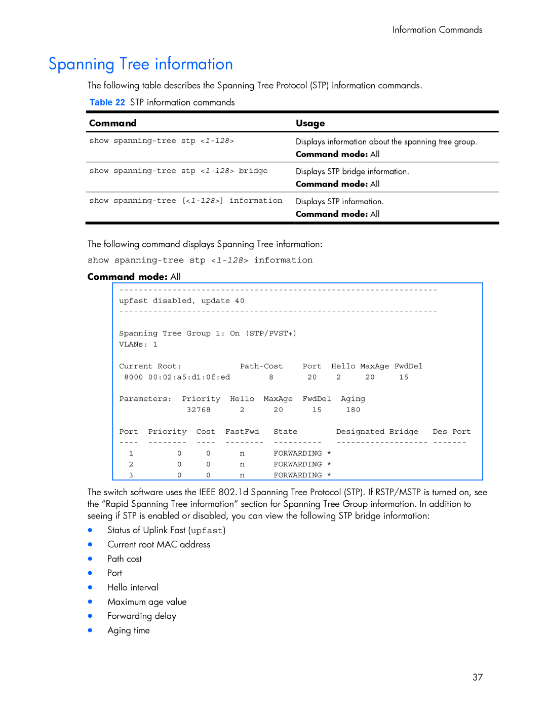 HP 445942-001 manual Spanning Tree information, Show spanning-tree stp 1-128 information Command mode All 