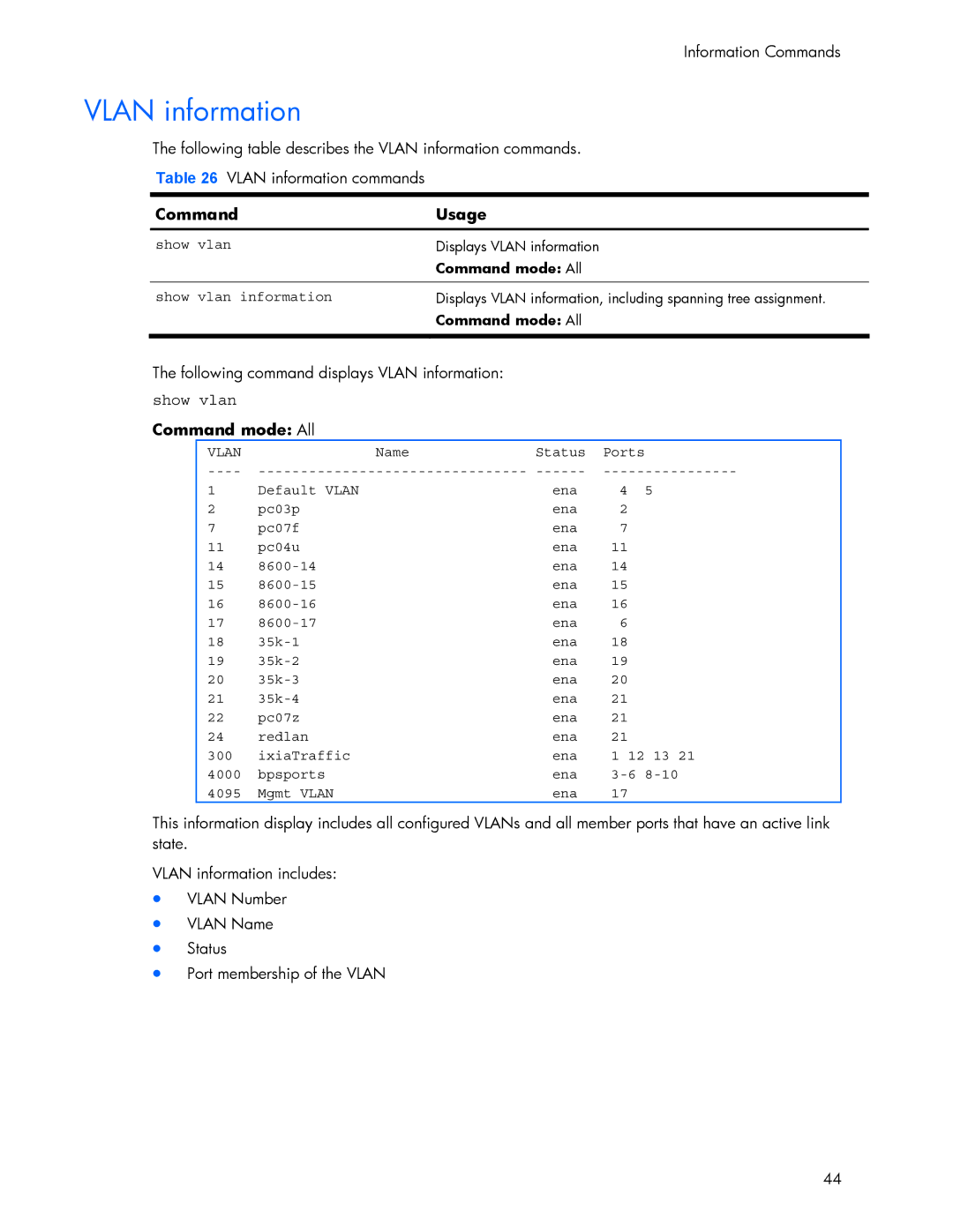 HP 445942-001 manual Vlan information, Show vlan 