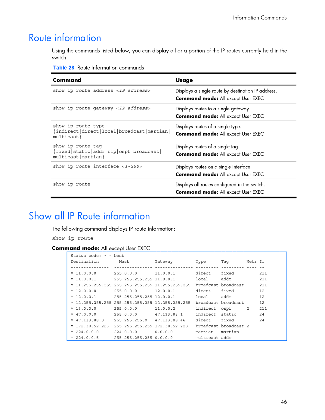 HP 445942-001 manual Show all IP Route information, Show ip route 