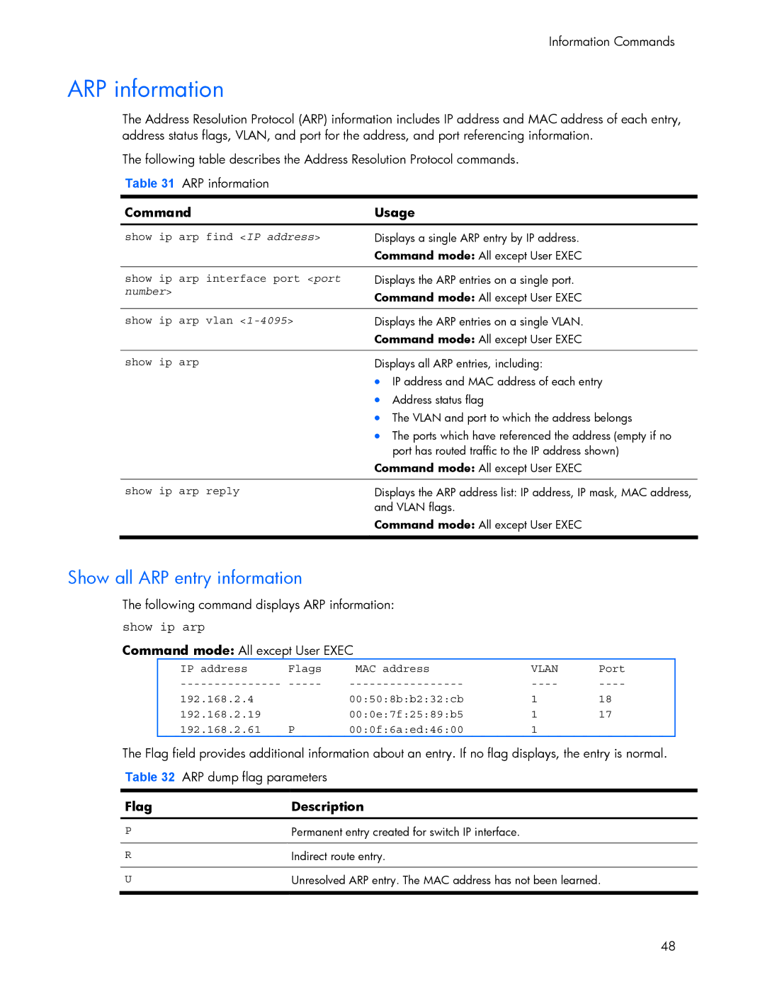 HP 445942-001 manual ARP information, Show all ARP entry information, Show ip arp, Flag Description 