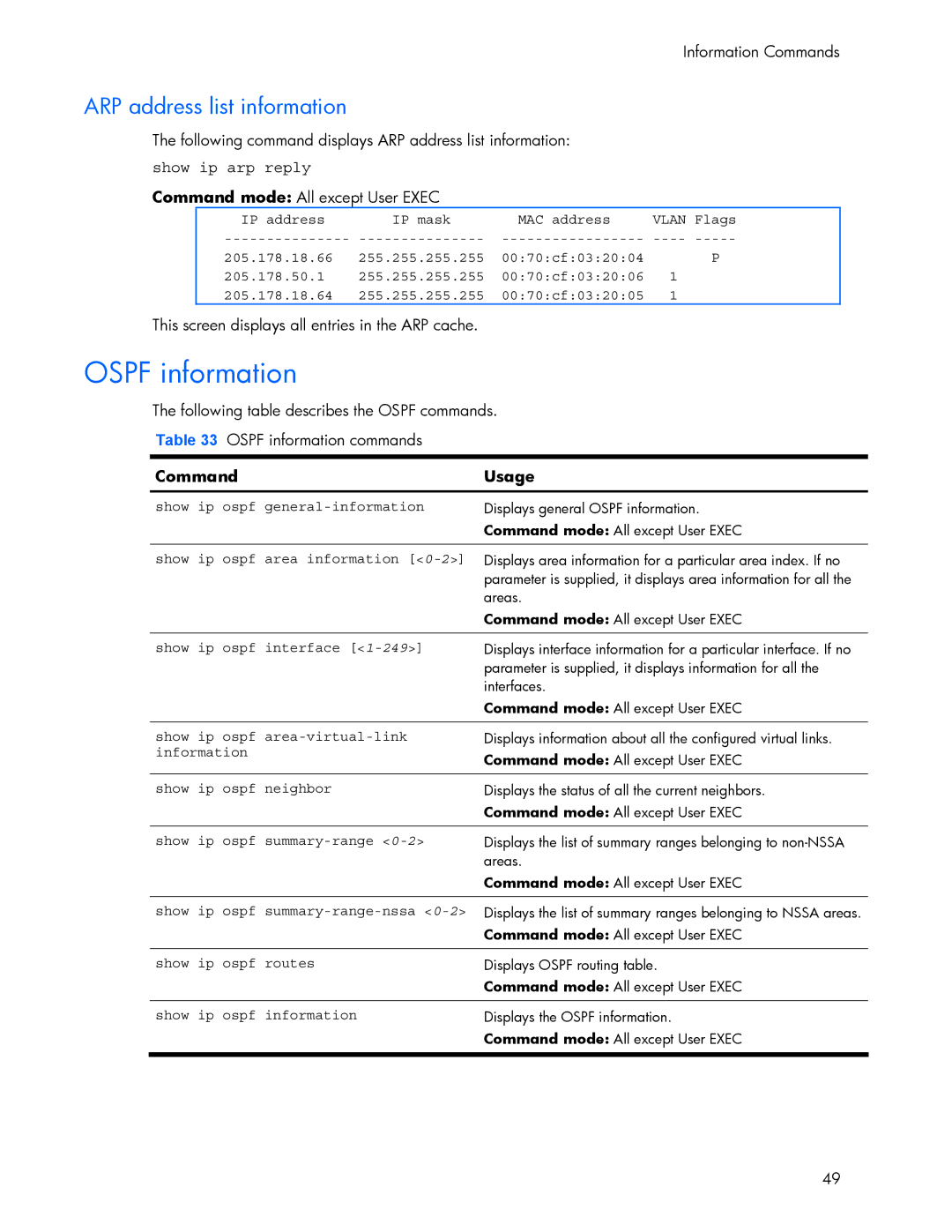 HP 445942-001 manual Ospf information, ARP address list information, Show ip arp reply 