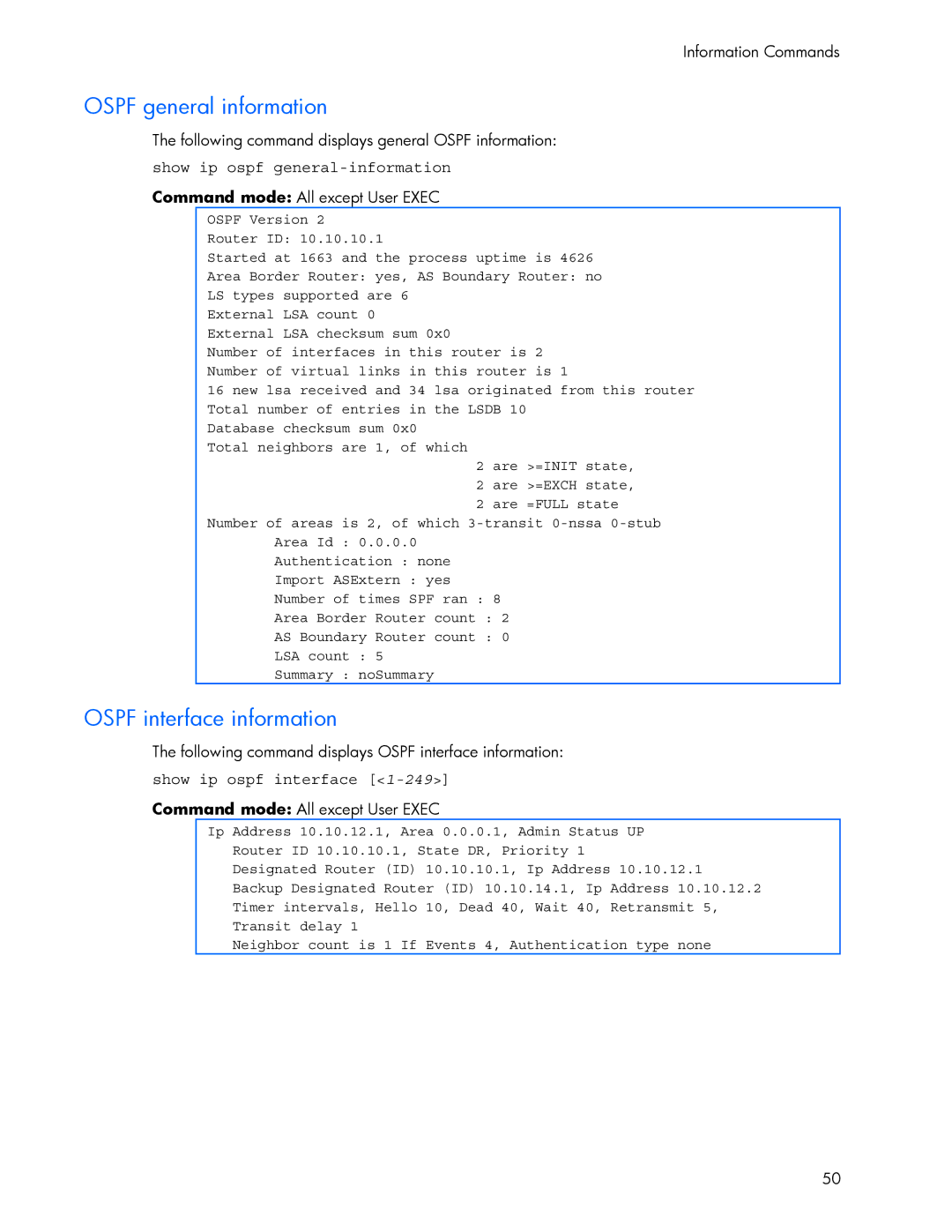 HP 445942-001 manual Ospf general information, Ospf interface information 