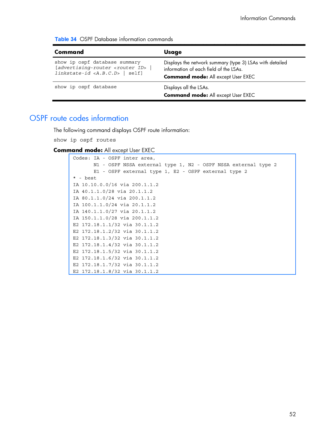 HP 445942-001 Ospf route codes information, Show ip ospf routes, Show ip ospf database summary, Linkstate-id A.B.C.D self 