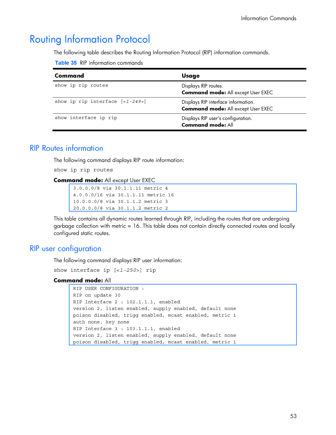 HP 445942-001 manual Routing Information Protocol, RIP Routes information, RIP user configuration, Show ip rip routes 