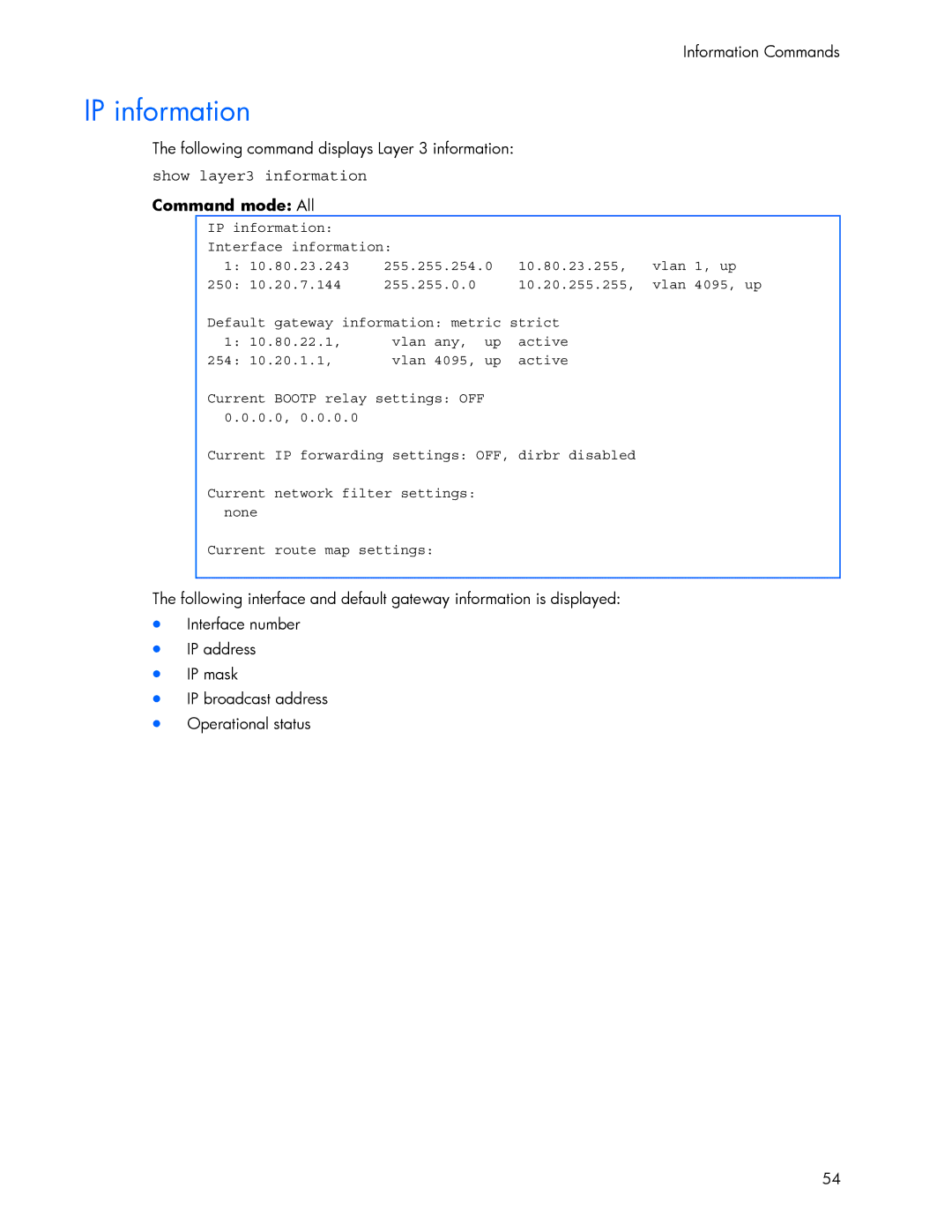 HP 445942-001 manual IP information, Show layer3 information Command mode All 