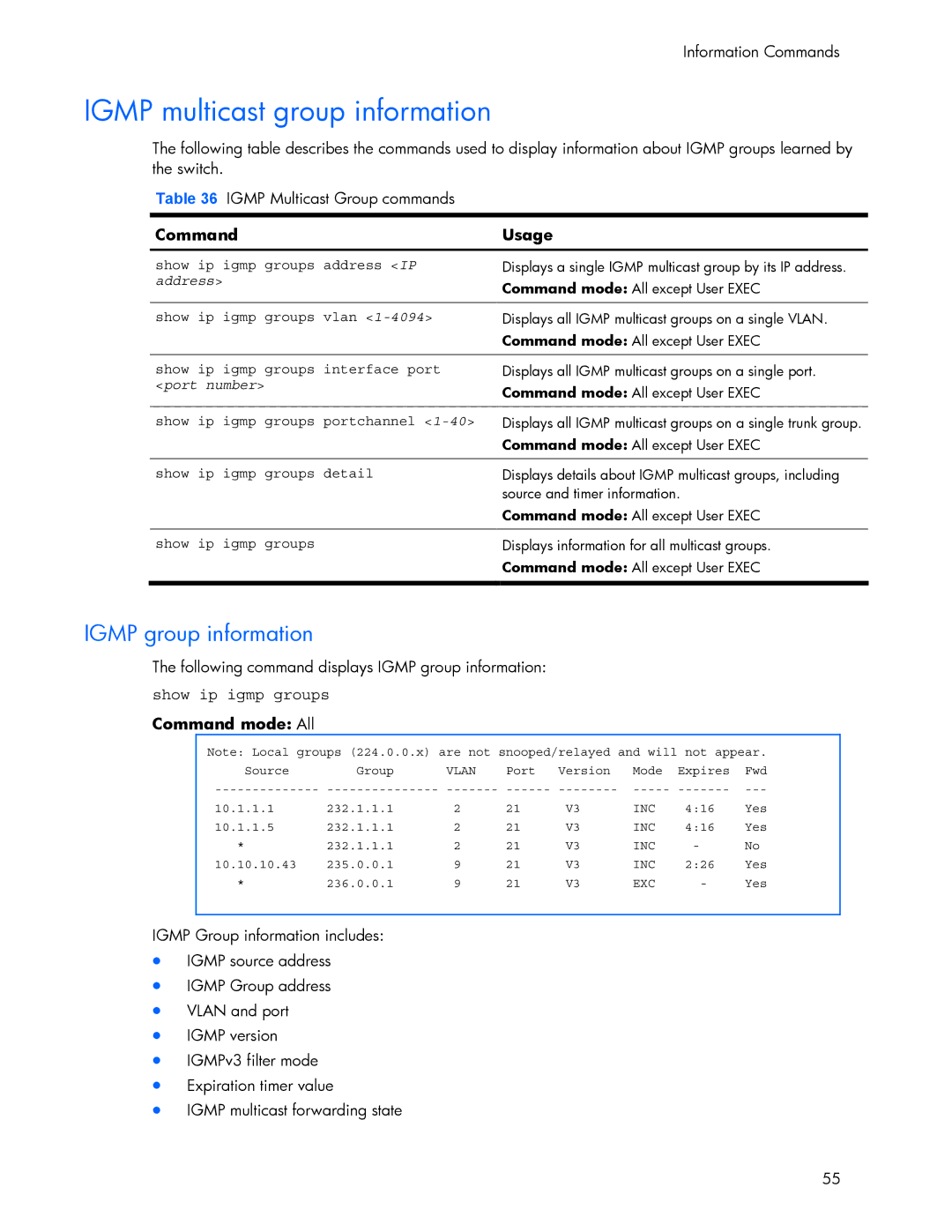 HP 445942-001 manual Igmp multicast group information, Igmp group information, Show ip igmp groups, Show Igmp Groups detail 