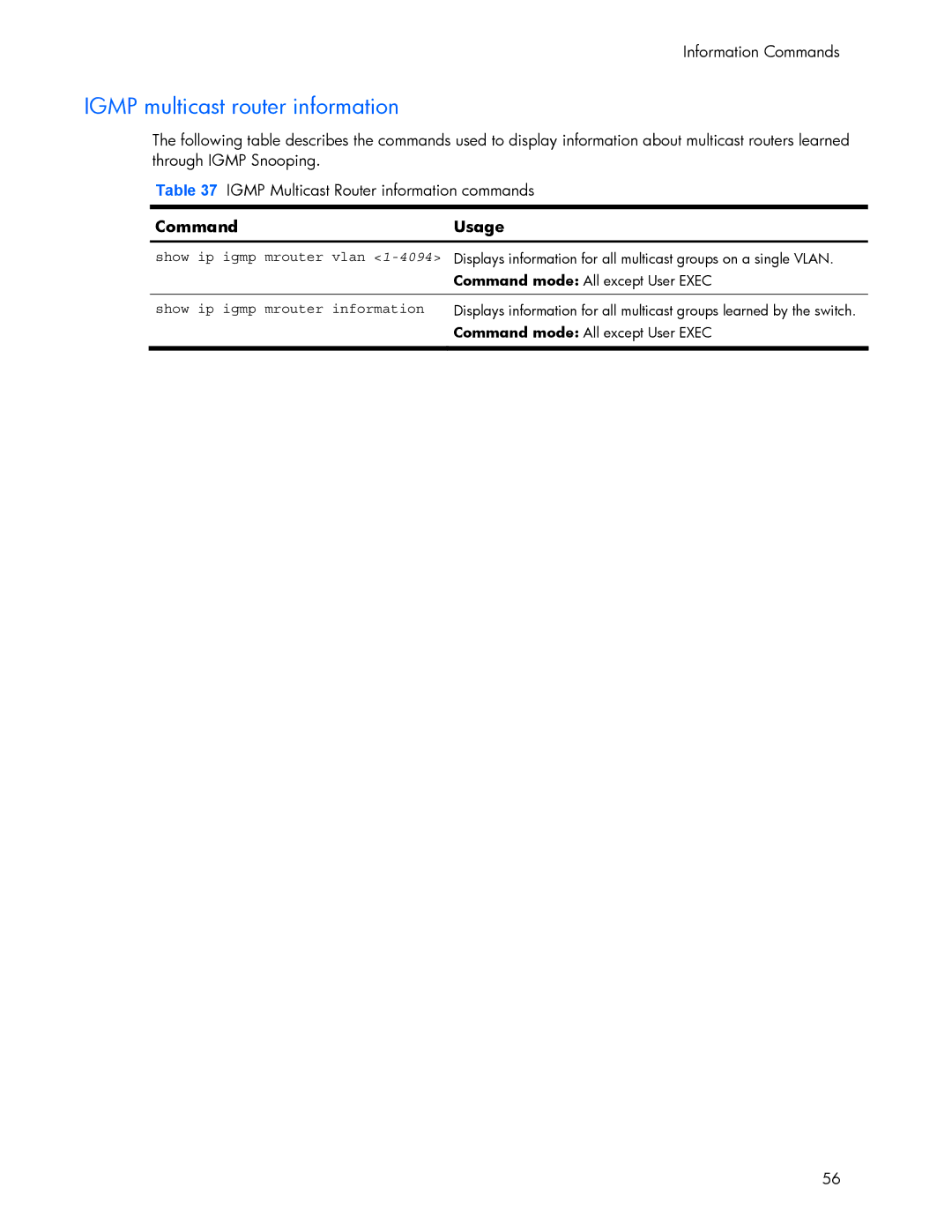 HP 445942-001 manual Igmp multicast router information, CommandUsage, Show ip igmp mrouter information 