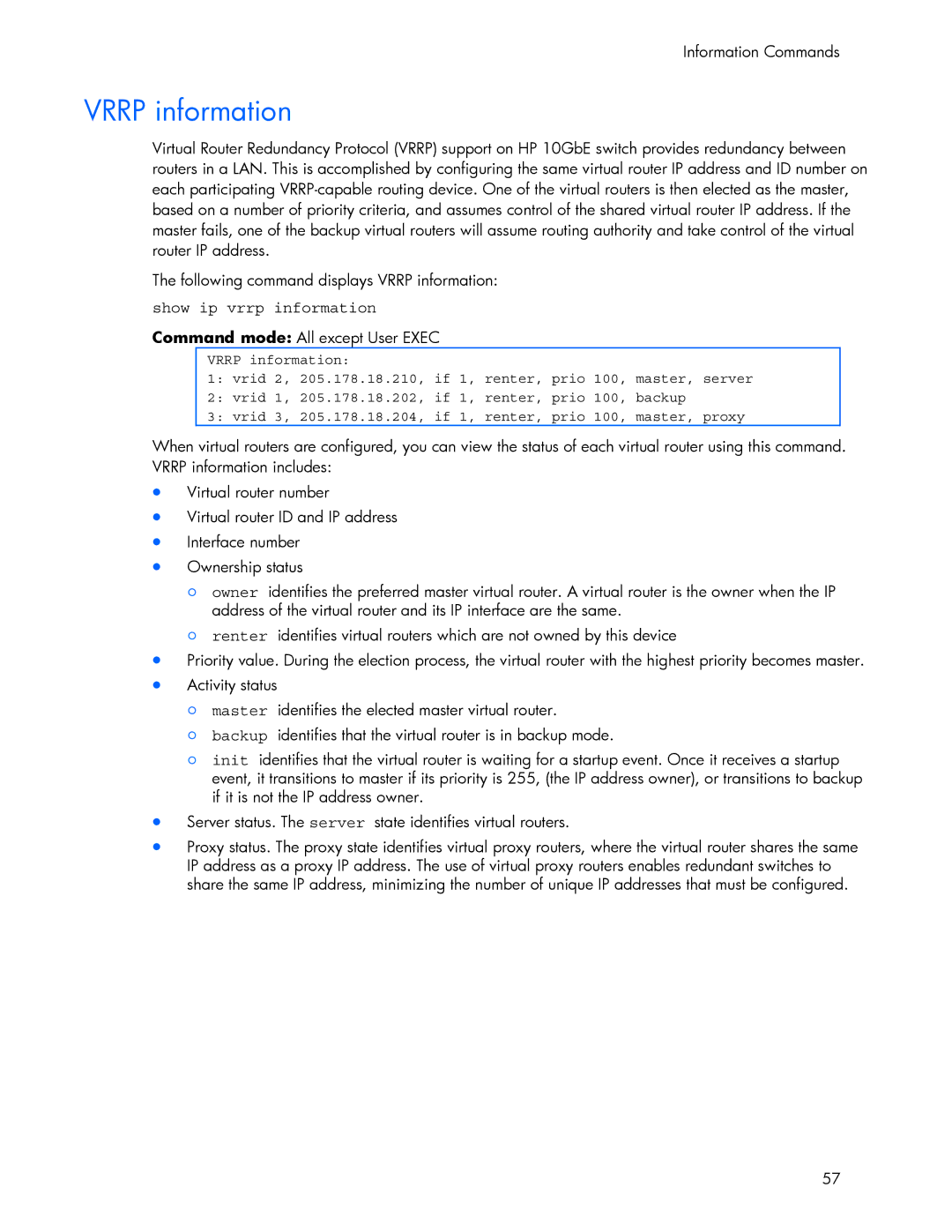 HP 445942-001 manual Vrrp information, Show ip vrrp information 